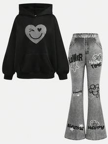 SHEIN Girlism 2pcs/Set Teen Girls Casual Street Style Heart & Face Graffiti Print Loose Fit Hoodie Sweatshirt And Flare Pants, Suitable For Autumn/Winter, Suitable For Home, Outings, Street Photography