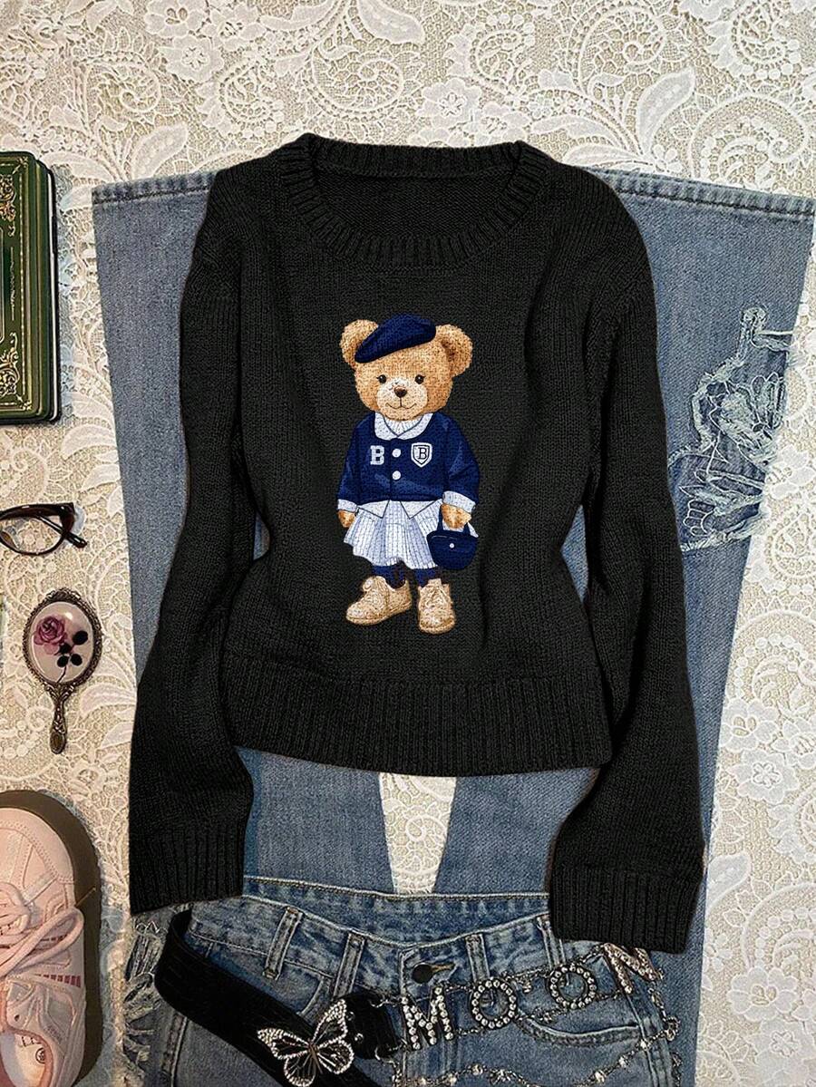 SHEIN EZwear Áo len họa tiết gấu thường ngày dành cho nữ, phù hợp cho mùa thu/đông - màu đen - Xem 1