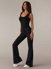 SHEIN BAE 女式黑色运动连体裤，高腰 U 领 U 背设计，适合日常休闲、健身、瑜伽、跑步、春夏季 - 黑色 - 查看 4