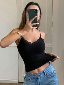 DAZY Women's Solid Color Contrast Lace Slim Fit Camisole - Black - View 4