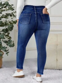 EMERY ROSE EMERY ROSE Jeans casuales ajustados con aplicaciones de rhinestones para mujer de talla grande - Azul lavado oscuro - Ver 3