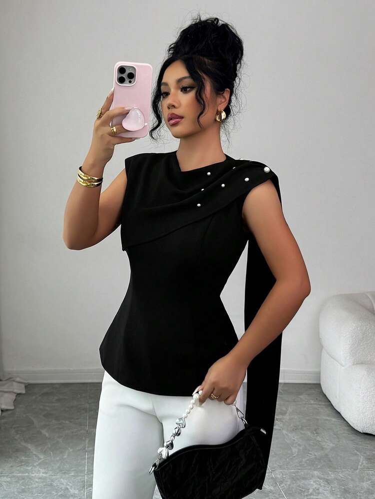 Women's Sleeveless Pearl Decor Stylish Versatile Slimming Elegant Blouse, Summer