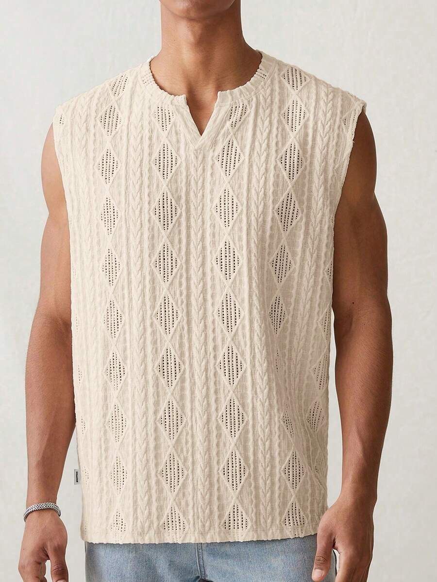 SWAVVY 男士针织休闲宽松无袖上衣，时尚百搭，适合日常穿着 - 杏色 - 查看 1