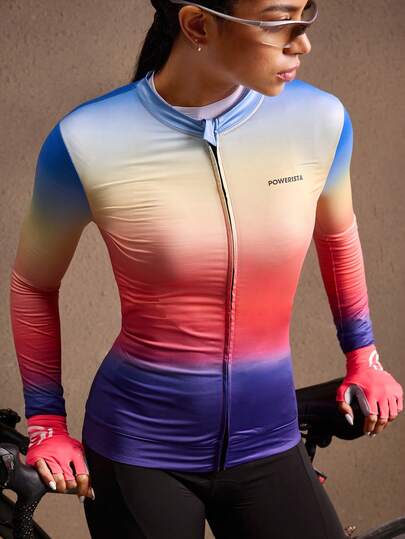 Powerista ملابس علوية دراجة نسائي بسحاب أمامي مطبوع بحرف متدرج اللون، ملابس علوية دراجة نسائي، ملابس رياضية للدراجات والجيم