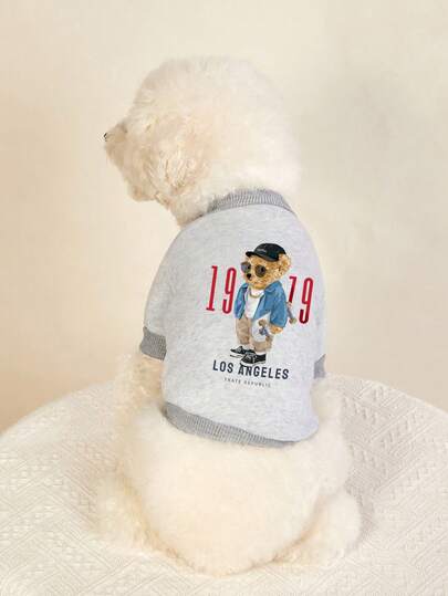 PETSIN 1 Moletom com Capuz para Pet com Estampa de Urso Marrom e Letras (Sem Chapéu), Cinza Claro, Grosso e Quente, Resistente ao Vento e Macio para a Pele, Ideal para Transportar Latas de Comida para Animais de Estimação