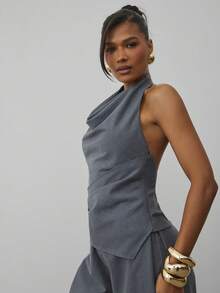 Hauture 女士休闲基本款日常和办公室秋冬仿羊毛围脖领露背上衣 - 灰色 - 查看 6