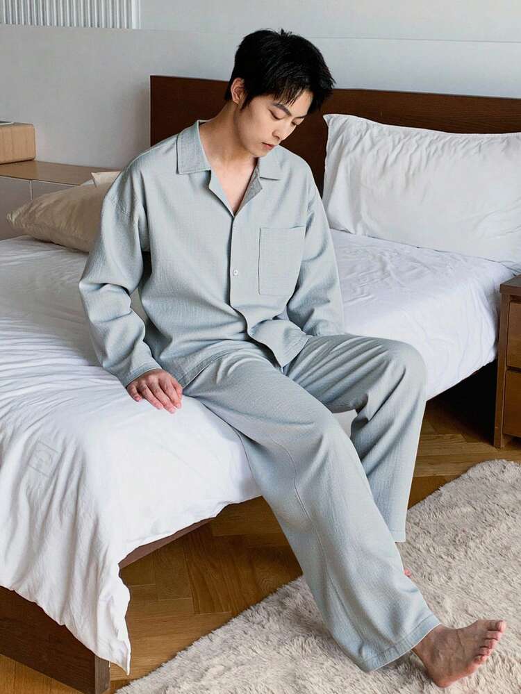 Men's Green Elastic Waist Pajama Set With Shirt & Pants, Autumn, Fall & Winter Clothes