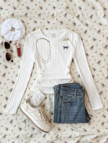Tween Girls Casual Street Style Bow Embroidered Graphic Long Sleeve T-Shirt - White - View 6