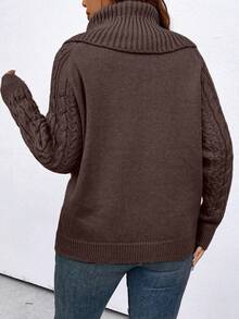 Calvaya Plus Size Women Cable Pattern Long Sleeve Casual Turtleneck Sweater, Autumn/Winter - Coffee Brown - View 2