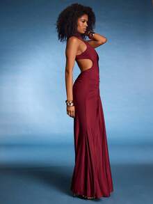 Normani Vestido elegante de manga larga y cuello alto con espalda descubierta y decoración de hebilla metálica para mujer, disponible en burdeos y rojo ladrillo, hecho de tela de punto elástica, adecuado para fiesta de cóctel, cita romántica, uso casual de otoño/invierno, boda, dama de honor, fiesta formal, Halloween, Navidad, vestido, vestidos para mujer, vestidos de verano para mujer, vestido de fiesta de té - Burdeos - Ver 4