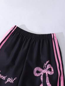 女童休闲黑色裤子，粉色蝴蝶结和字母印花侧条纹松紧腰阔腿裤，适合日常休闲穿着 - 黑色 - 查看 5