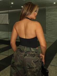 Maria Perezxox 女式深 V 露背紧身衣，弹性柔软舒适无袖休闲性感度假日常百搭小背心，春夏 - 黑色 - 查看 2