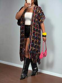 Slaydiva Áo khoác cardigan dệt kim dáng rộng tay ngắn kẻ sọc cánh dơi cỡ lớn cho nữ - Nhiều màu - Xem 6