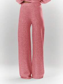 MUSERA Oversized Rib Knit Embroidered Detail Wide Leg Trousers Bottom Only Fall Autumn Cosy Cute Casual Coffee Club New Year Spring - Pink - View 4