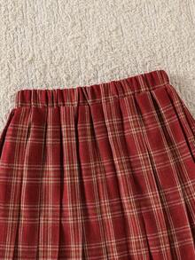 SHEIN Explorewe 女孩棋盘格毛衣和红色蝴蝶结点缀裙套装，百搭百搭红裙，适合万圣节、圣诞节、开学季，可爱装扮 - 杏色 - 查看 6