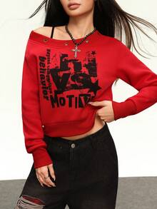 Rina Fox 街头风格涂鸦印花不对称肩部 T 恤女士长袖 T 恤 - 紅色 - 查看 2