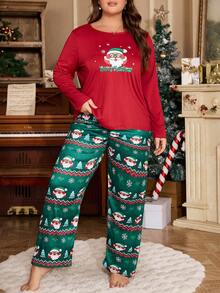 Conjunto de pijama de talla grande con estampado navideño de Papá Noel, cuello redondo y manga larga, top y pantalones, ropa de otoño e invierno