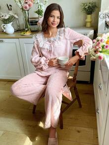 SHEIN Women's Cozy Embroidered Floral Decor Long Sleeve Top & Pants Fluffy Pajama Set, Autumn/Winter Lace Pj Set Lace Sleepwear Soft Fluffy Pajamas Set Sleep Wear Women Set - Pink - View 6