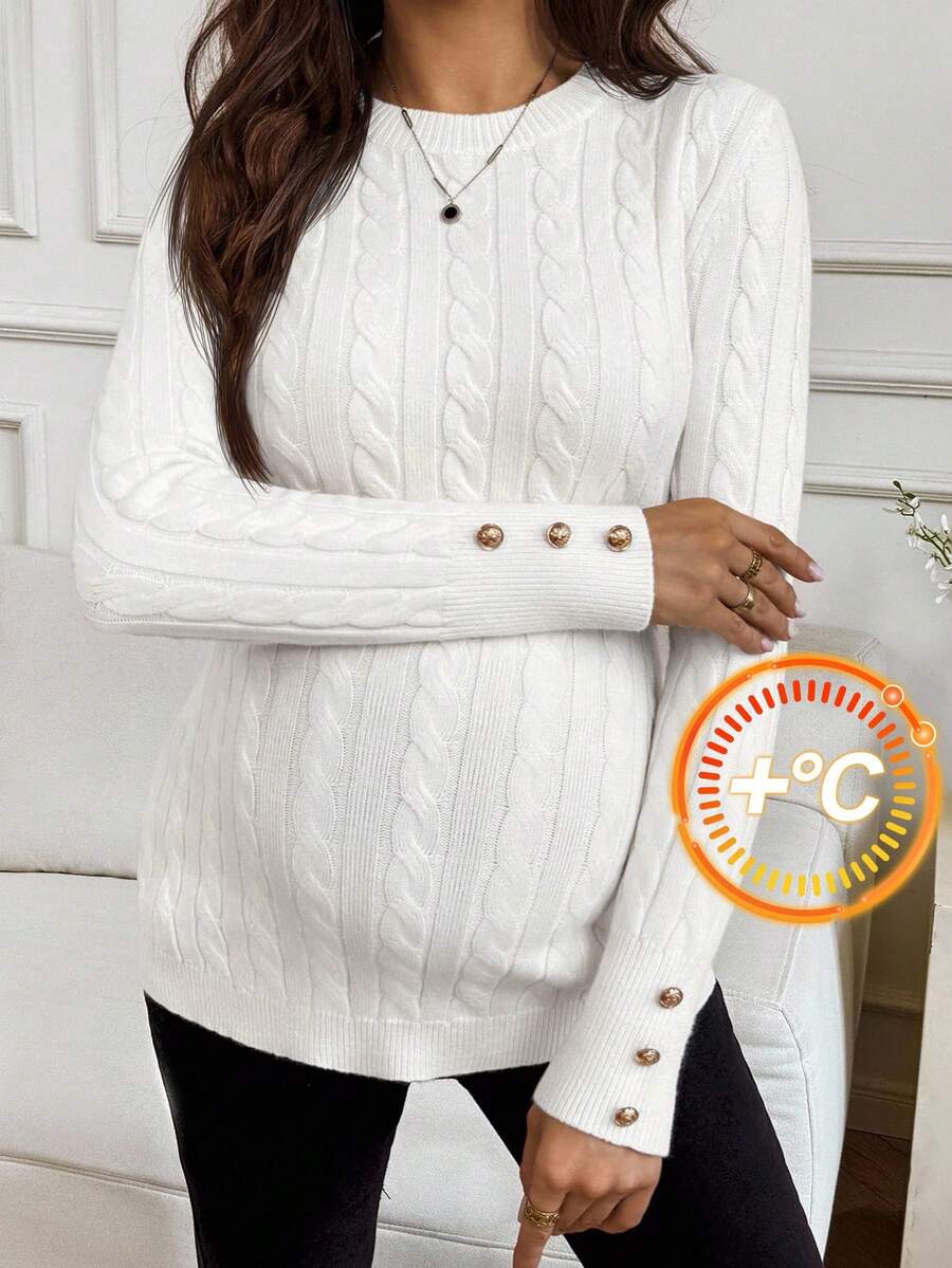 MaterniWear 秋装、秋季服装、孕妇秋冬服装、孕妇休闲圆领长袖麻花毛衣、秋冬白色毛衣、女士长款毛衣、孕妇毛衣、女士麻花针织毛衣、女士白色毛衣、孕妇衬衫、孕妇秋冬服装、女士白色开衫、女士白色针织毛衣 - 白色 - 查看 1