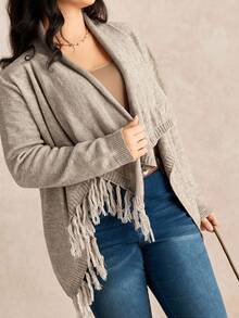 Elenzga Cardigan tricoté à manches longues avec design à franges, grande taille, casual et élégant, pull confortable - Kaki - Voir 3