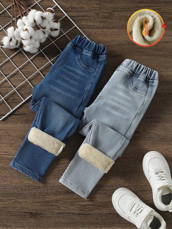 2PCS Warm Girls Kids Pants Young Girls Denim + Multi-Color Denim Harem Pants, Thickened Fleece Lining, Basic Simple Fashion, Suitable For Spring/Summer Casual & Holiday, Street Style Warm Girls Kids Pants Elastic Waist Jeans