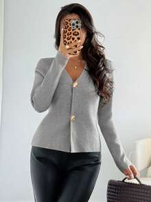 Chiquease Women's Slim Fit Khaki Casual/Work V-Neck Long Sleeve Asymmetrical Metal Button Cardigan - Grey - View 4