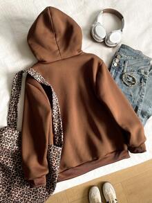 Tween Girl Casual Street Leopard Fluffy Hat, Five-Pointed Star & Leopard Print Pattern, Suitable For Street Style, Hooded Sweatshirt - Brown - View 2