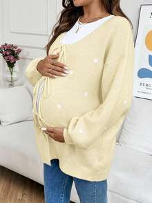SHEIN Pregnant Women's Casual Heart Pattern Tie-Front Drop Shoulder Long Sleeve Cardigan - Yellow - View 3