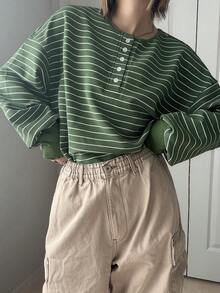 FRIFUL Women's Loose Fit Round Neck Drop Shoulder Long Sleeve Half-Placket Striped Casual T-Shirt