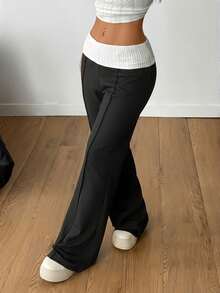 Coolane 女士冬季街头服饰外出休闲返校复古日常服饰 Y2K 罗纹针织白色翻领长裤法式灰色喇叭裤 - 黑色 - 查看 5