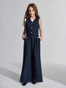 Ontre 青少年女孩纯色V领纽扣前休闲背心和裤子两件套 - 藏蓝色 - 查看 1