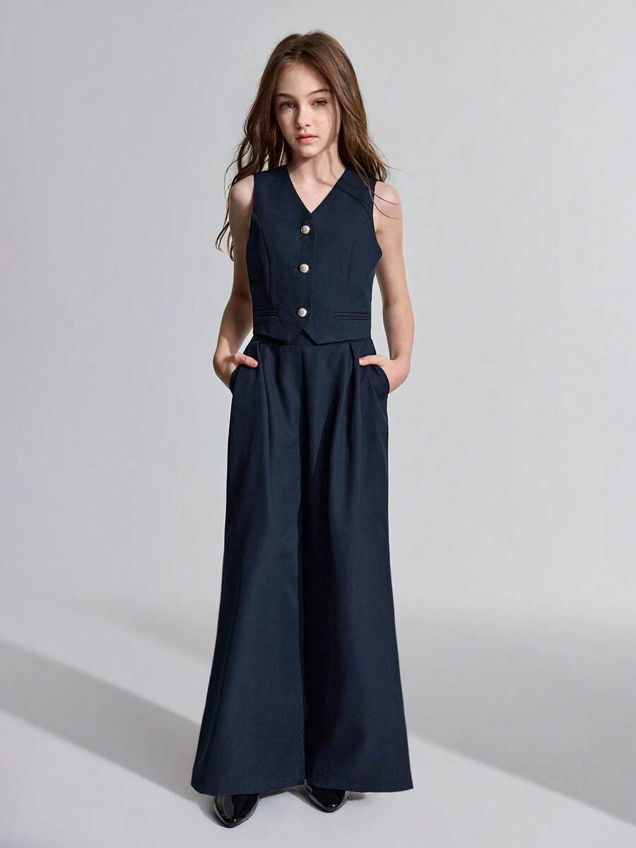 Ontre 青少年女孩纯色V领纽扣前休闲背心和裤子两件套 - 藏蓝色 - 查看 1