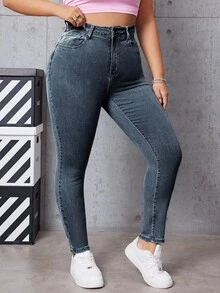 SHEIN ICON 大码女式高腰口袋紧身休闲百搭牛仔裤 - 藍色 - 查看 6