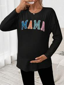 SHEIN Maternity Letter Print Round Neck Long Sleeve Casual Nursing Top Mama Shirt Pregnancy Shirts Breastfeeding Shirt Maternity Shirts - Black - View 7