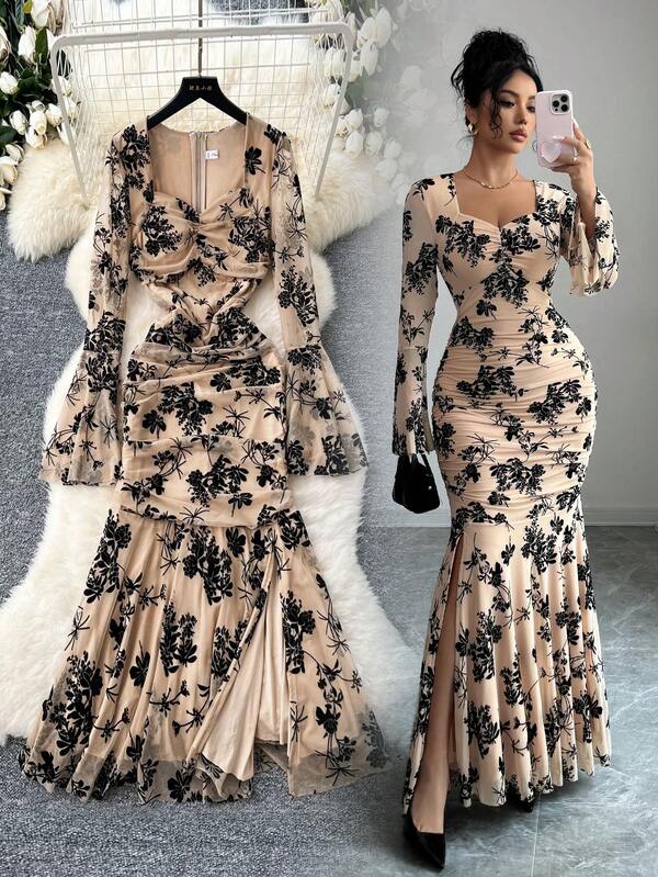 Elenzga Vestido ajustado con volantes en la cintura, diseño de flores y malla, elegante para mujeres, adecuado para Navidad, Halloween, Acción de Gracias, Año Nuevo y ocasiones formales