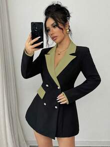 Elenzga Blazer Wanita dengan Desain Colorblock yang Modis dan Elegan, Blazer Profesional dengan Kombinasi Warna Kontras Patchwork. - Hijau - View 7