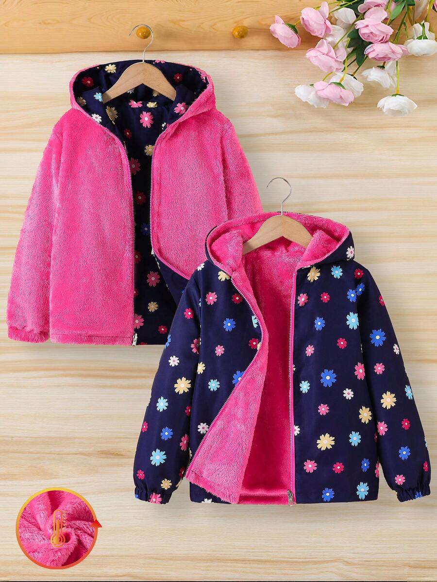 Sparklyn 女童双面印花连帽夹克，适合日常通勤，秋冬季