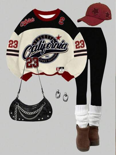 Slaydiva 2件套休闲宽松圆领运动衫和紧身打底裤