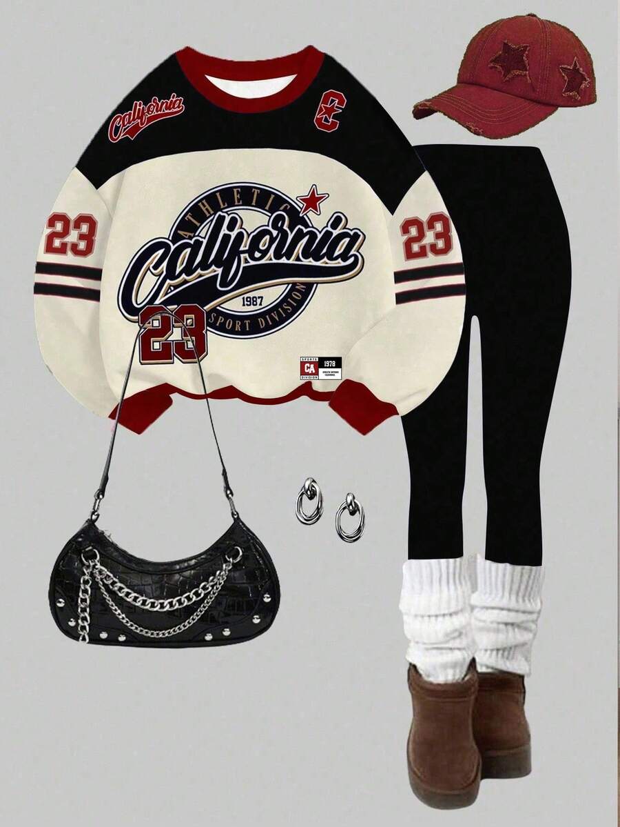 Slaydiva 2pcs/Set Casual Loose Crew Neck Sweatshirt And Skinny Leggings Pants