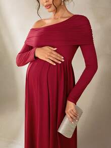 Cheriluna Maternity 纯色不对称肩部褶皱长袖A字优雅孕妇写真礼服/圣诞派对礼服/红色礼服/冬季礼服 - 酒紅色 - 查看 7