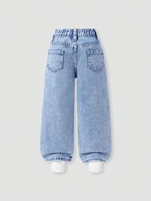 Young Girl' Retro Sweet Colorful Embroidered Casual Loose Comfortable Washed Light Blue Denim Wide Leg Pants