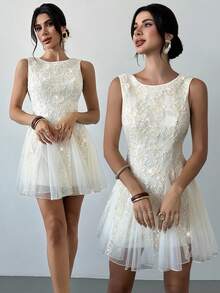 Firerie Women's Floral Textured Round Neck Sleeveless Elegant Contrast Mesh Dress,Mother's Day,Patchwork Tulle Dress, Princess Dress, Birthday Dress, Party Dress, Wedding Season, White Dress Embroidered Dress,Graduation,Prom,Country,Summer Dresses For Women - Apricot - View 9