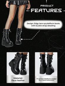 ROMWE Goth Bottes mi-mollet style punk à semelle épaisse et plateforme, noires mates pour femmes. Bottes de combat confortables avec bout rond, boucle métallique et décoration, style gothique. Idéal pour Halloween
