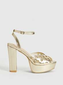 CUCCOO LuxiPop 全新防水厚底镂空粗跟性感时尚女士高跟凉鞋 - 金色 - 查看 4