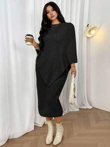 Firerie 2 件套大码女式斗篷式毛衣和 V 领直筒连衣裙套装，适合情人节、音乐会、表演、约会、正式晚宴、庆典、婚礼、性感、优雅、通勤、返校、度假、海滩、浪漫、办公室女士、美人鱼风格、生日派对蝙蝠袖连衣裙毛衣连衣裙针织两件套长袖优雅连衣裙舒适两件套秋冬 - 黑色 - 查看 2