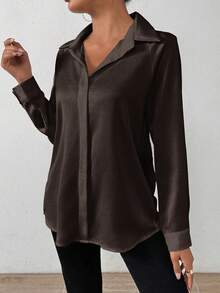 SHEIN PETITE Áo sơ mi satin trơn một hàng khuy đơn giản thanh lịch dành cho nữ - Cà phê nâu - Xem 3