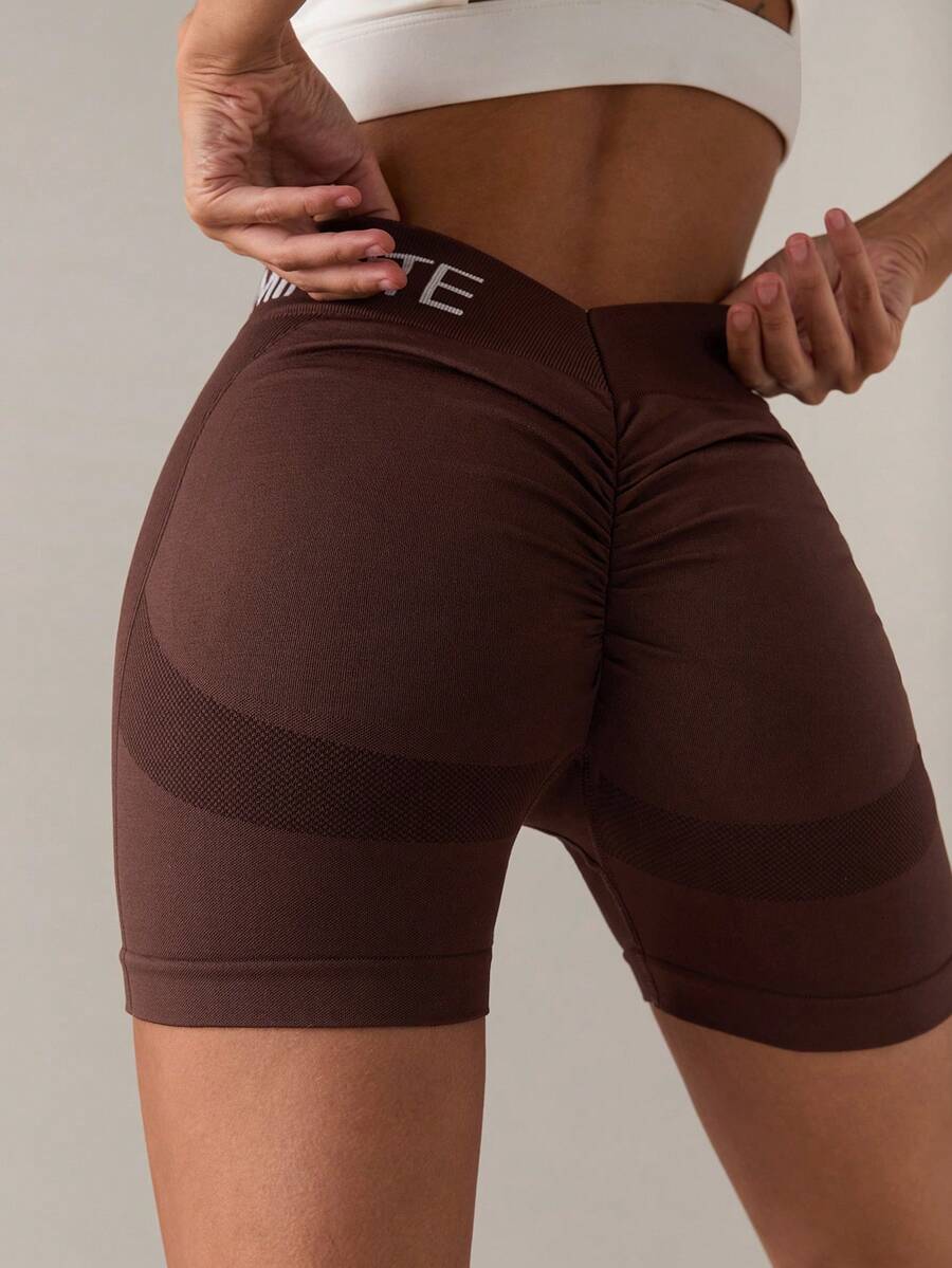 SHEIN BAE Women's Letter Print Ruched Casual Fitness Seamless High Elastic Workout Shorts Brown Athletic Shorts - Brown - View 1