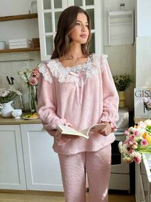 SHEIN Women's Cozy Embroidered Floral Decor Long Sleeve Top & Pants Fluffy Pajama Set, Autumn/Winter Lace Pj Set Lace Sleepwear Soft Fluffy Pajamas Set Sleep Wear Women Set - Pink - View 5