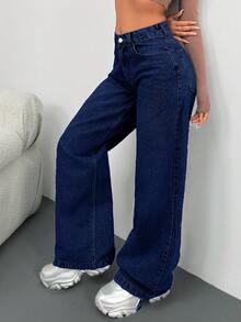 EURMUSE Low Waist Wash Detailed Wideleg Jean - Dark Wash - View 4