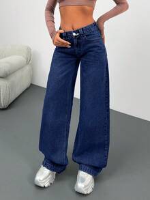 EURMUSE Low Waist Wash Detailed Wideleg Jean - Dark Wash - View 5